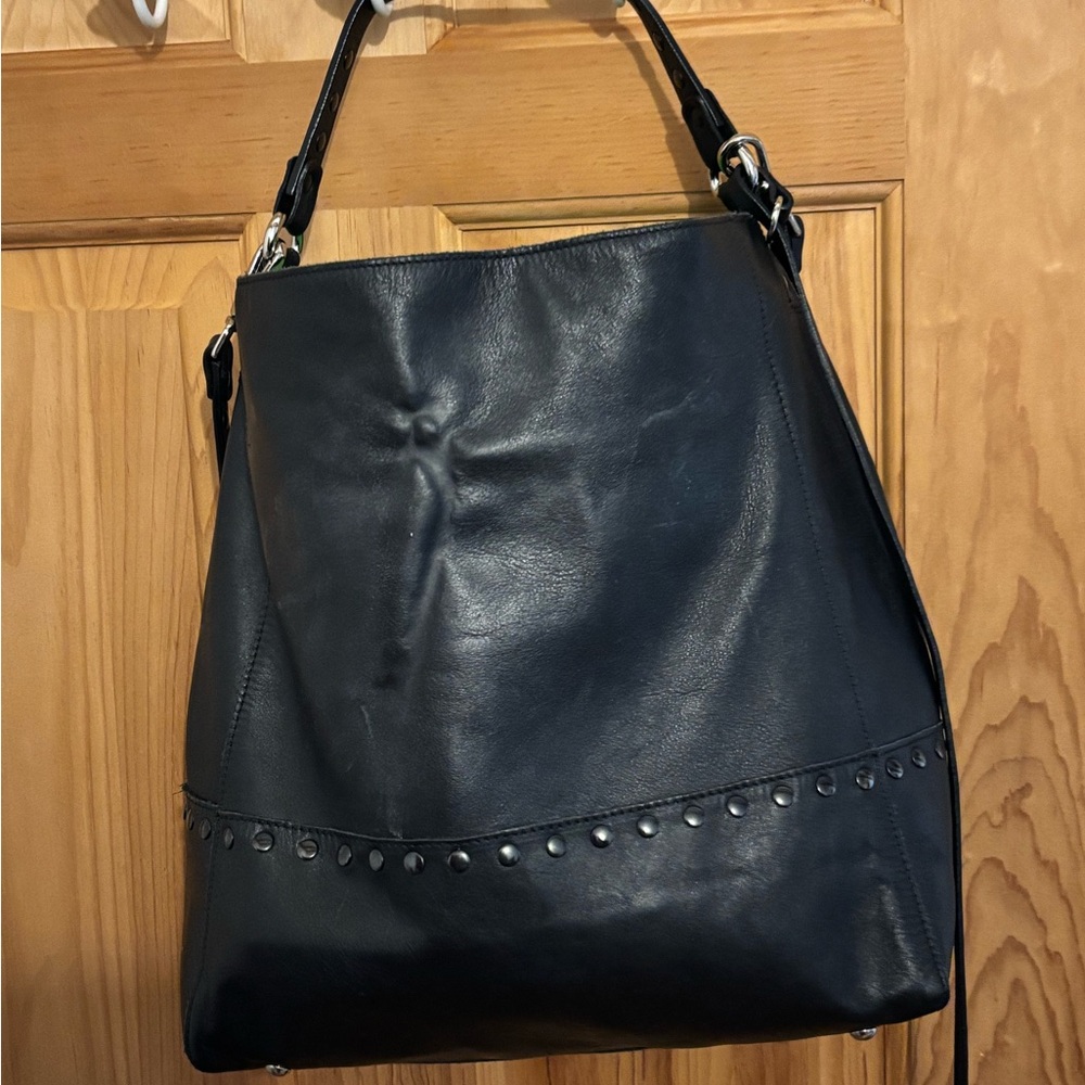 Classic Black Leather Stud-Trim Shoulder Bag